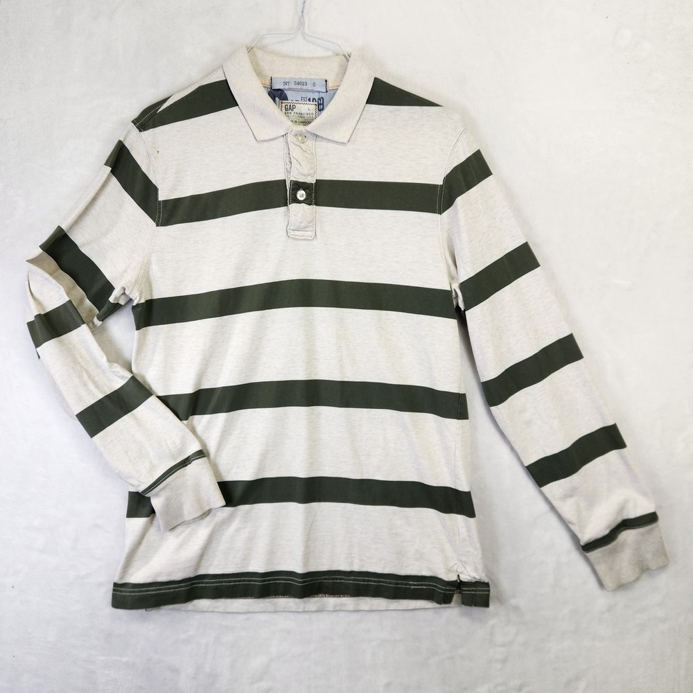 Vintage Gap Mens Long Sleeve Polo Shirt Large Green Oatmeal Striped Y2K No 54023